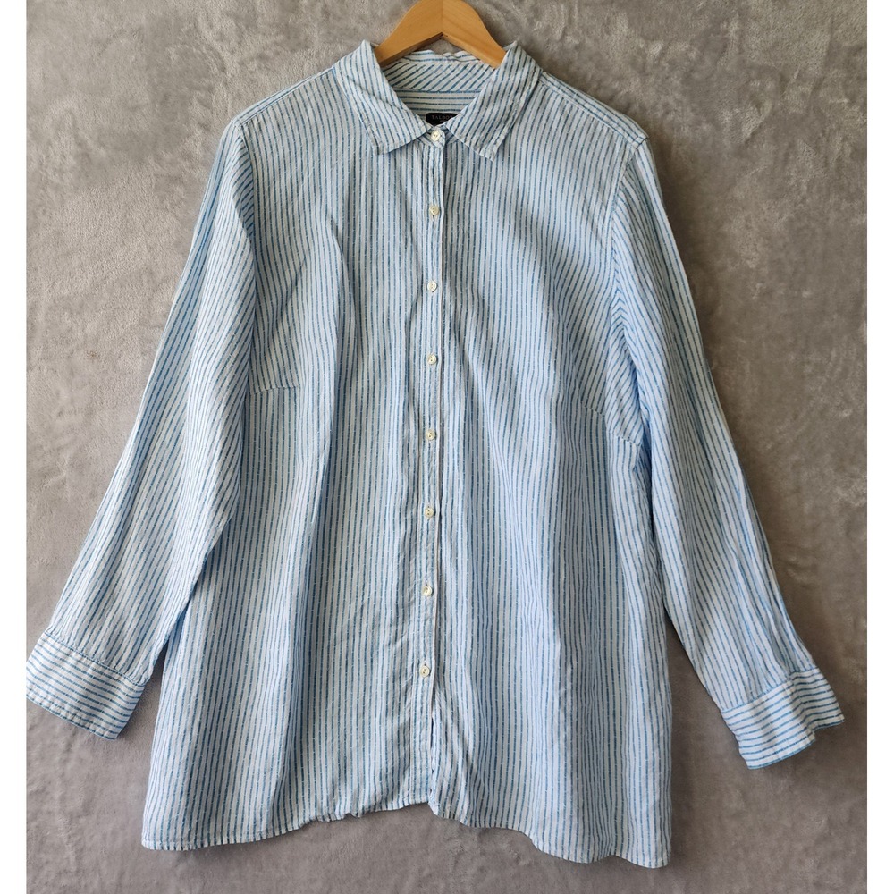 Talbots Woman 2X Blue White Striped Linen Button Down Shirt Long Sleeve